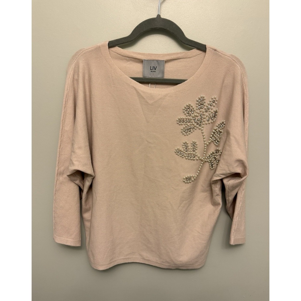 LIV Milano Yummy Sweater Size Medium Winter White Pearl Rhinestone Floral NWT
